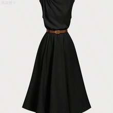 yonghongmaoyi1  MOD Vestido sin mangas de unicolor para mujer (con cinturón), temporada de vuelta a la escuela - Verde militar - Ver 2