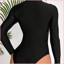 Swim SPRTY Traje de baño de una pieza con cierre de cremallera y unicolor minimalista para mujer, adecuado para vacaciones de primavera/otoño en la playa - Azul - Ver 3