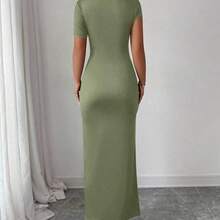 Vestido maxi elegante de mujer con decoración asimétrica de metal, fruncido oblicuo en el hombro, cintura ceñida y dobladillo retorcido en color marrón - Verde - Ver 3