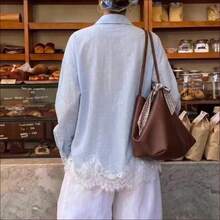 DZD Blusa casual y holgada de mujer con rayas, parches de encaje, liviana y transpirable, de ajuste relajado para vacaciones, citas, uso diario, primavera - Lavado ligero - Ver 4