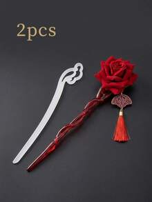 1pc/2pcs Red Rose Tassel Hair Stick, ABS Material, Classical Elegant Updo Hair Accessory, Chinese Vintage Romantic Hair Pin, Suitable For Hanfu, Wedding, Banquet, Festival, Party, Date, Commute, Photography, Daily Wear - Multicolor - View 11