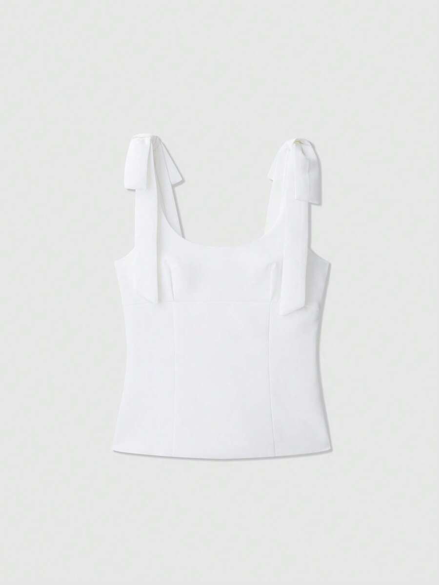 Blusa sin mangas de unicolor con decoración de lazo para verano - Blanco - Ver 1