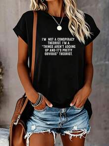 NUEVA EDICIÓN LIMITADA Camiseta de manga corta de talla grande para mujer "No soy una conspiración", con cuello redondo, diseño novedoso, informal, divertida, con estampado gráfico, 100% pol - Negro - Ver 1