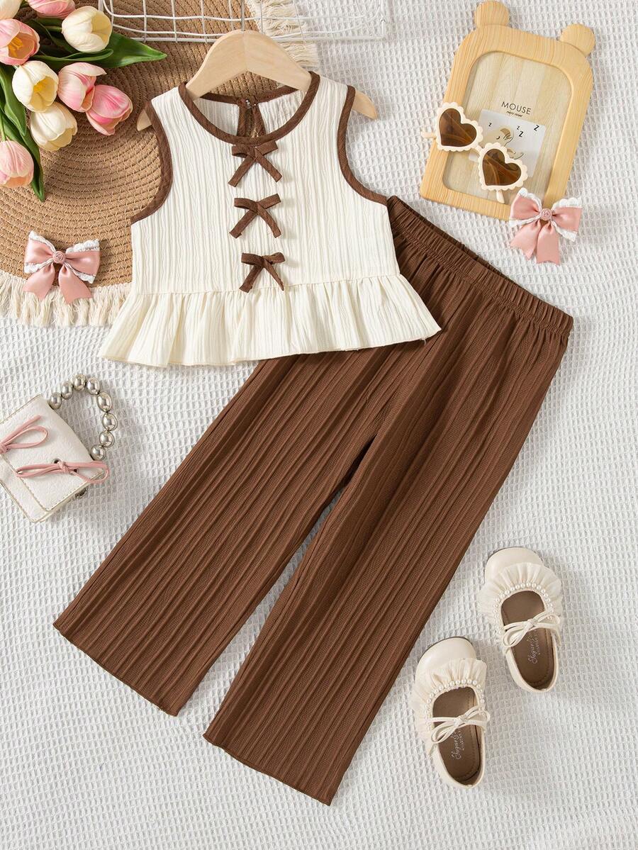 2pcs Girls Casual Bow Decor Sleeveless Top And Long Pants Set, Summer - Beige - View 1