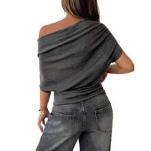 Women's Off-Shoulder Dolman Sleeve Top, Asymmetric Neck Ruched Side Casual T-Shirt For Streetwear & Daily Wear - Black - View 6