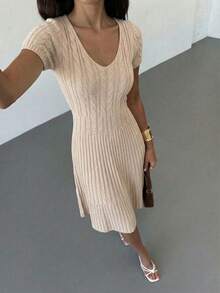 Women's Ribbed Fitted Knit Dress Low Neck Casual Summer Work Outing - Apricot - View 5