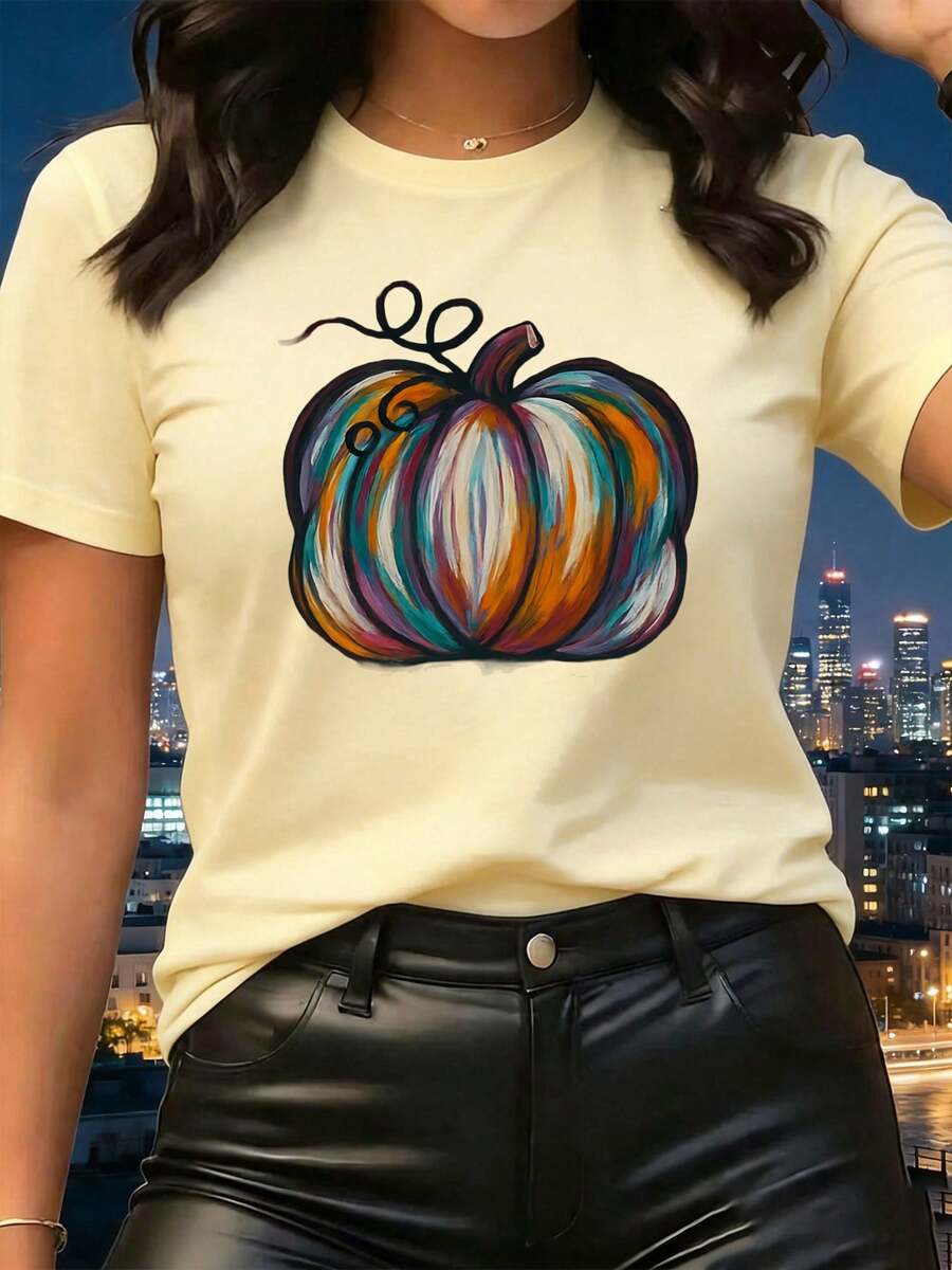 Women's T-Shirt, Colorful Striped Pumpkin, Comfortable Wear - Khaki - View 1