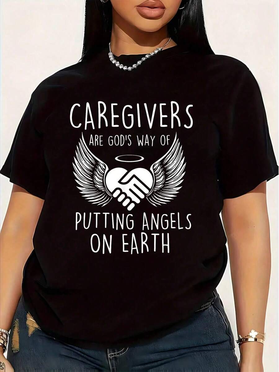 Cuidadores son la forma de Dios de enviar ángeles - Camiseta unisex negra de algodón y poliéster para cuidadoras, talla grande, 1 pieza, divertida, con estampado gráfico, manga corta, novedo - Negro - Ver 1