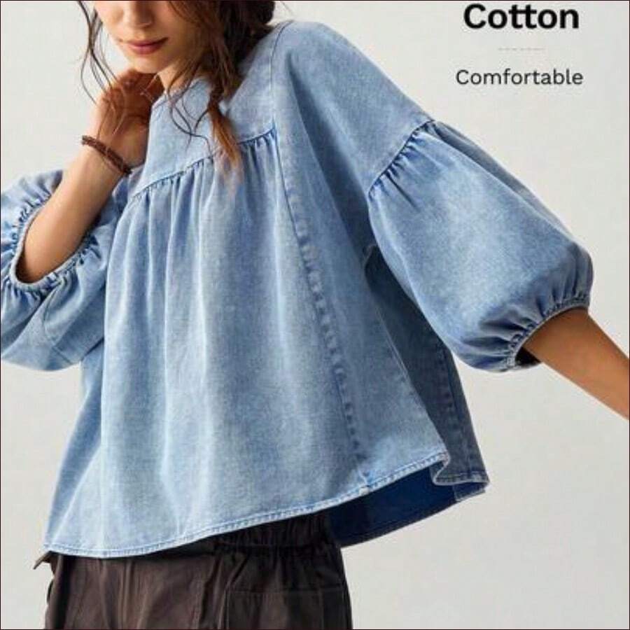 DZD Blusa holgada de manga abullonada para vacaciones, verde - Azul - Ver 1