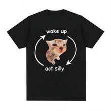 Camiseta gráfica Wake Up Act Silly Meme, camiseta de manga corta con estampado de gato divertido y bonito, camisetas informales de gran tamaño para hombres y mujeres - Multicolor - Ver 1