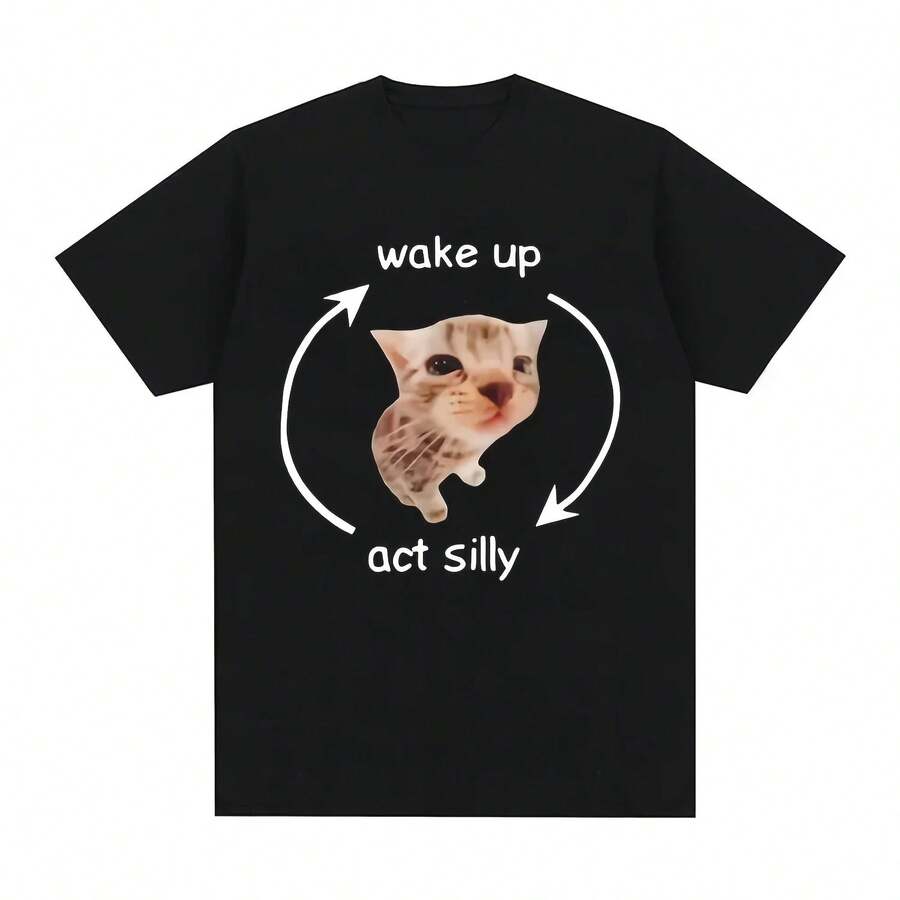 Camiseta gráfica Wake Up Act Silly Meme, camiseta de manga corta con estampado de gato divertido y bonito, camisetas informales de gran tamaño para hombres y mujeres - Multicolor - Ver 1
