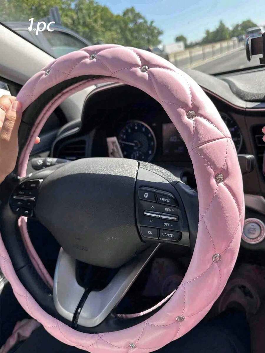 1pc Diamond Leather Shiny Universal Car Steering Wheel Cover 15 Inch - Black & White - Pink - View 1