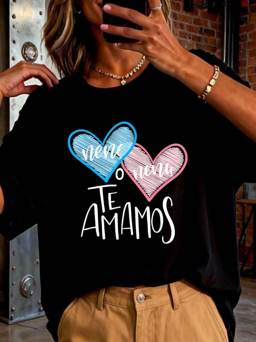 2026 Gender Reveal T-Shirt For Girls | We Love You We Love Each Other Phrase, Women's Printed T-Shirt, Style, Spring And Winter Clothing, Best Selling Women's T-Shirt - 黑色 - 查看 1