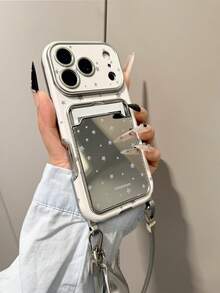 Star Mirror Card Holder Phone Case + Lanyard Shockproof Case Compatible With Apple 13 14 15 15PRO 15PLUS 15PROMAX 16 16Pro 16Plus 16Promax IPhone17 IPhone17PRO IPhone17PROmax 18 18PRO 18PROMAX - White - View 7