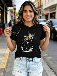 Modern T-Shirt With Eye-Catching Cartoon Animal Designs: A Uniquely Designed And Comfortable Women's Youth Garment, Available In Various Styles Including Rabbit, Dog, Hedgehog, Cat And Bear. - Black 2 - View 2