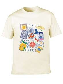 Estilo veraniego camiseta mujer con estampado italiano. Limones, sombrilla y marisco, algodón cómodo. Ideal para playa, vacaciones y detalles de regalo. - Champán - Ver 3