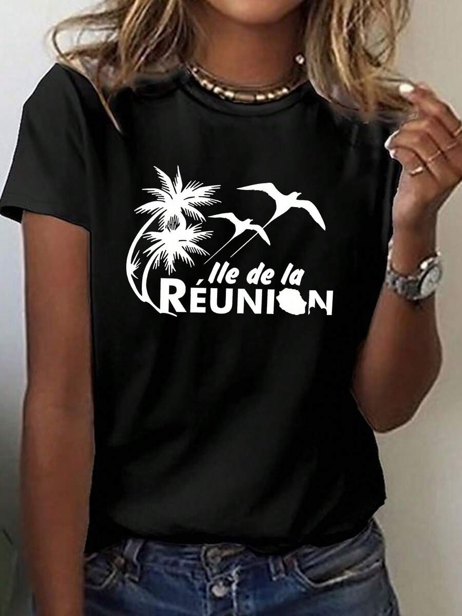 Casual Short-Sleeved, Round-Neck T-Shirt Featuring Reunion Island, Perfect For Spring And Summer, Designed For Women - Hitam - View 1