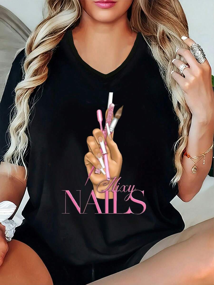 Camiseta casual de mujer con cuello en V y estampado gráfico Uñas - Manga corta, tejido microelástico, parte superior negra para primavera/verano, primavera-verano| Camiseta de cuello en V - Blanco - Ver 1