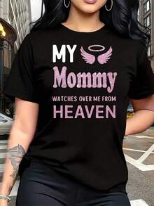 Women's Plus Size T-Shirt With 'My Angel Wings' 'My Mom Watches Over Me From Heaven' Print, Fun, Graphic, Short Sleeve, Novelty, 100% Cotton, Casual Crew Neck, 220g - 黑色 - 查看 1