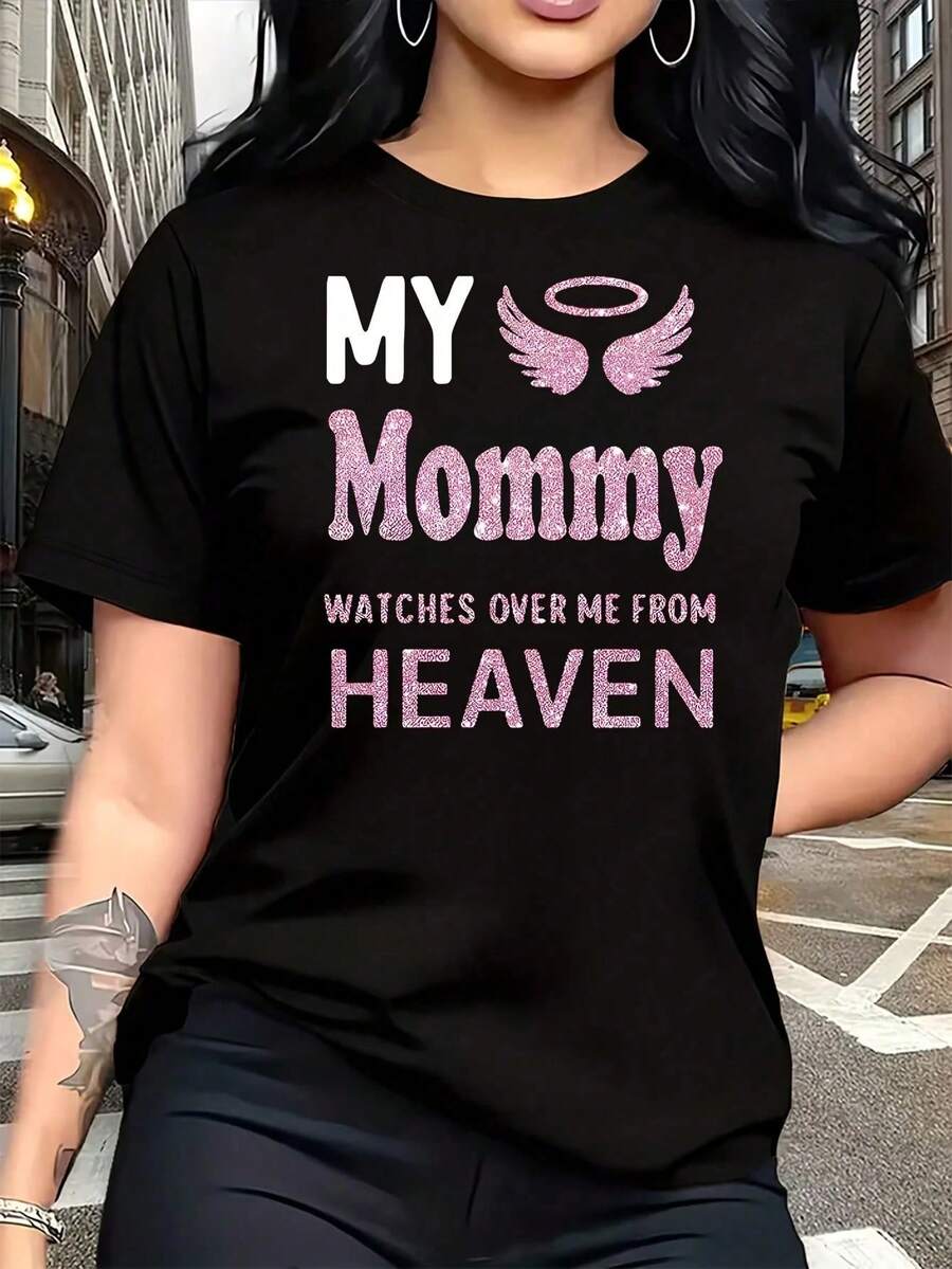 Women's Plus Size T-Shirt With 'My Angel Wings' 'My Mom Watches Over Me From Heaven' Print, Fun, Graphic, Short Sleeve, Novelty, 100% Cotton, Casual Crew Neck, 220g - 黑色 - 查看 1