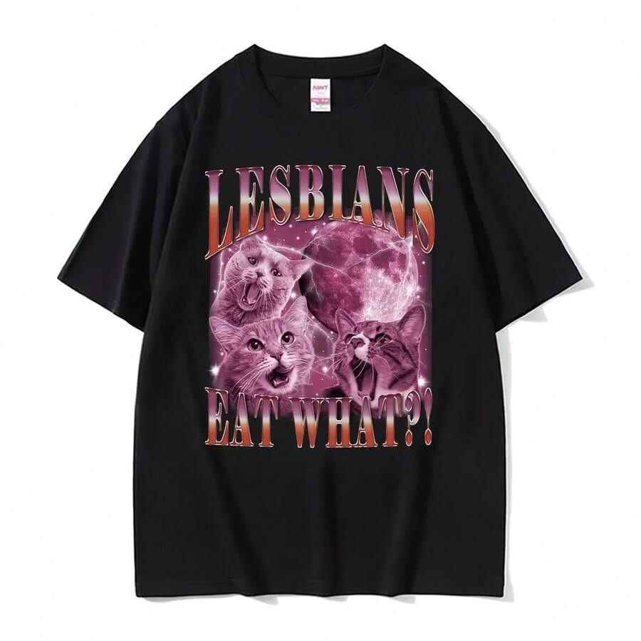 Y2k Men's Short Sleeve Crew Neck T-Shirt, New Clothes In Tops & T-Shirts, Men's T-Shirts, Lesbian T-Shirts, Eat What, Cute And Funny Cat - 彩色 - 查看 1