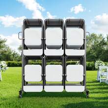 Estantería plegable para sillas, capacidad de 800 LBS, carro de sillas resistente para 84 sillas/ 12 mesas+42 sillas, carrito de almacenamiento de sillas de doble capa con ruedas de goma y soportes, soporte grande para sillas, negro mate - 84 sillas grandes suspendidas - Ver 1