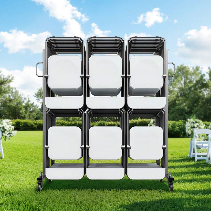 Estantería plegable para sillas, capacidad de 800 LBS, carro de sillas resistente para 84 sillas/ 12 mesas+42 sillas, carrito de almacenamiento de sillas de doble capa con ruedas de goma y soportes, soporte grande para sillas, negro mate - 84 sillas grandes suspendidas - Ver 1