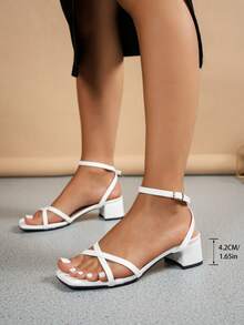Black High Heel Sandals For Women, Elegant Summer Faux Suede Open Toe Square Toe Chunky Heel Ankle Strap Sandals - White - View 4