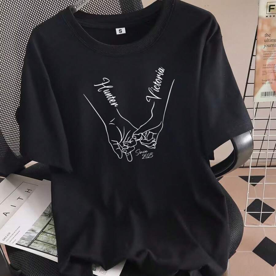 Personalized Couple T-Shirt, Anniversary T-Shirt, Engagement And Honeymoon T-Shirt, Wedding Anniversary T-Shirt With Personalized Date And Name, Wife And Husband T-Shirt - 黑色 - 查看 1