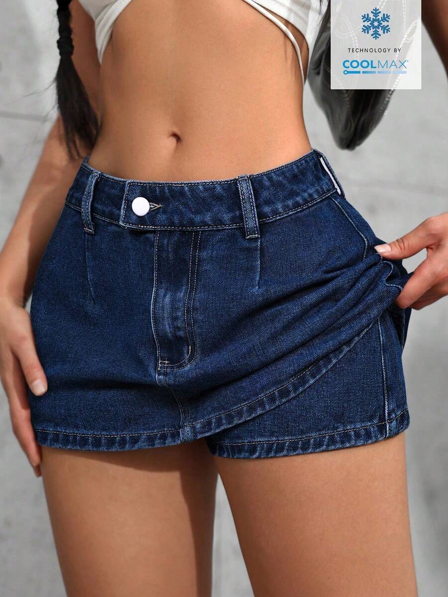 Tall Ultra-Short Denim Mini Skirt, Fashionable For Summer - Dark Wash Blue 2 - View 1
