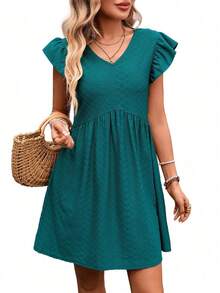 REFRESH YOUR WARDROBE NOW! French-Style Day Dress, V-Neck, Short Sleeves With Romantic Ruffles, Wide And Flowing Skirt, The Essence Of Country Chic For Walks In The Sun - Medium Wash - View 10