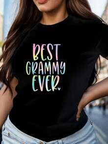 Camiseta de Algodón Tie-Dye para el Día de la Madre, la Mejor Opción de Regalo, Camiseta de Manga Corta para Mujer, Talla Grande, Cuello Redondo, Diseño Novedoso, Casual, Divertida, con Esta - Negro - Ver 1