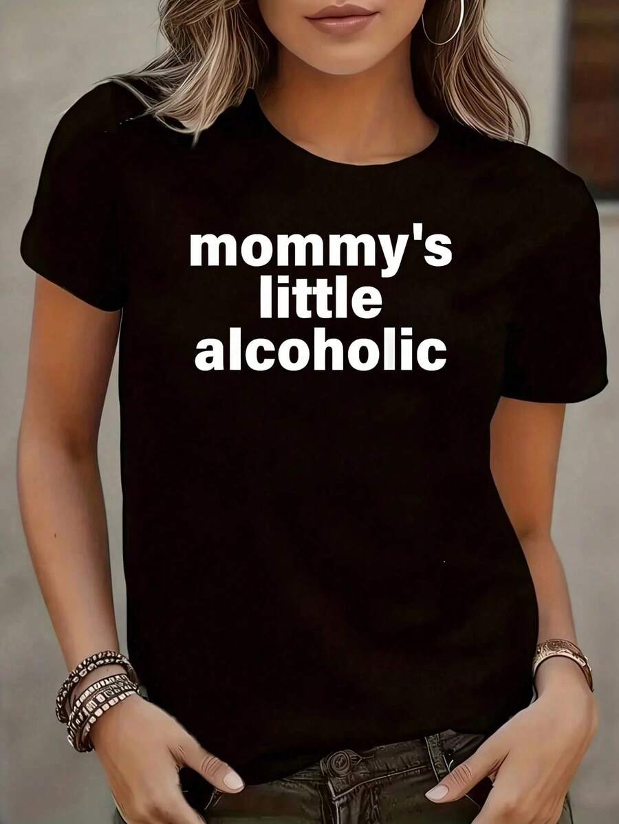 Camiseta de manga corta de talla grande para mujer "Mommy's Little Alcoholic", con cuello redondo, diseño novedoso, informal, divertida, con estampado gráfico, 100% poliéster, 1 pieza, 220g. - Negro - Ver 1