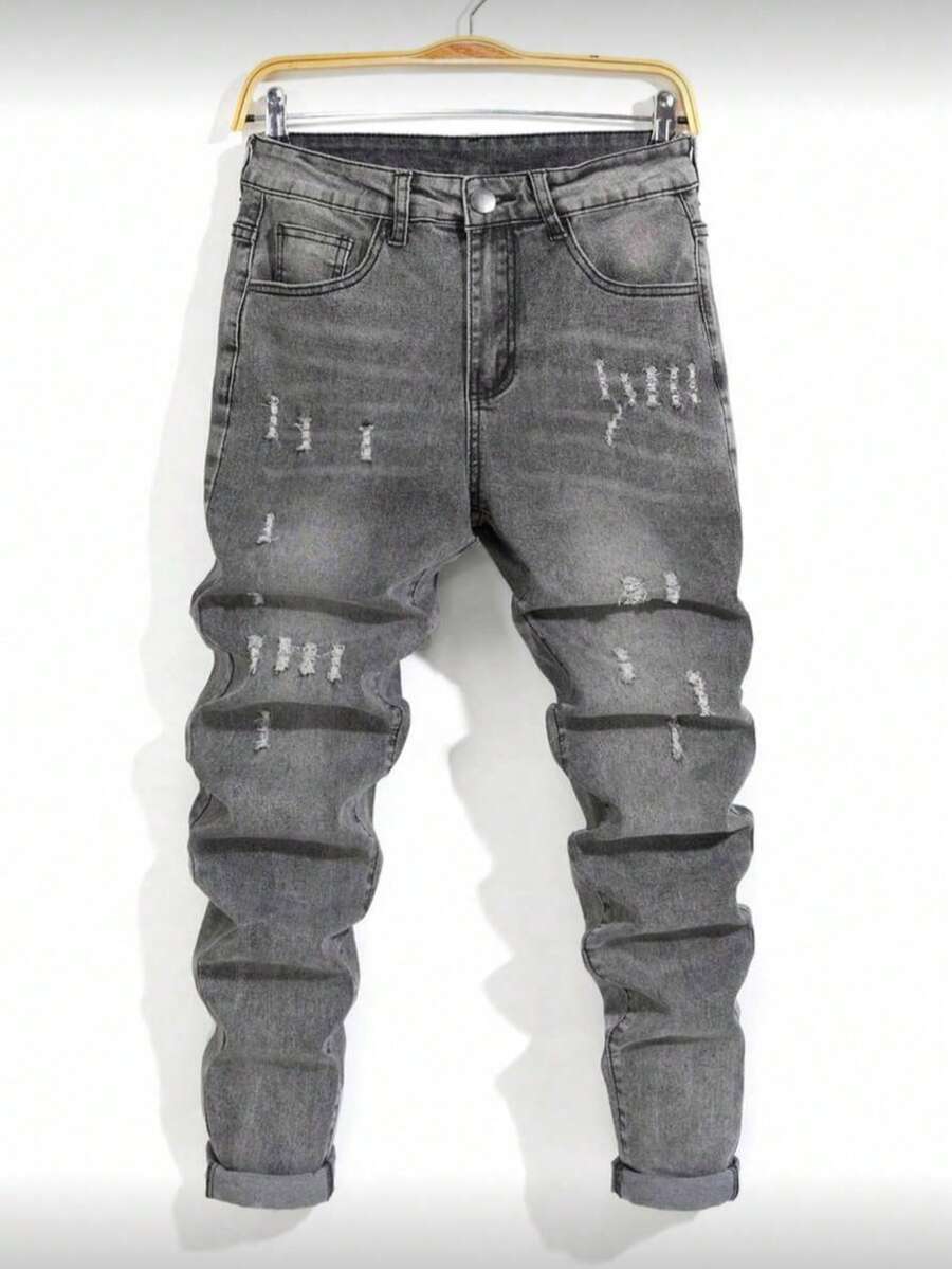 Men's Slim Fit Stretch Distressed Washed Casual Jeans - Grey - View 1