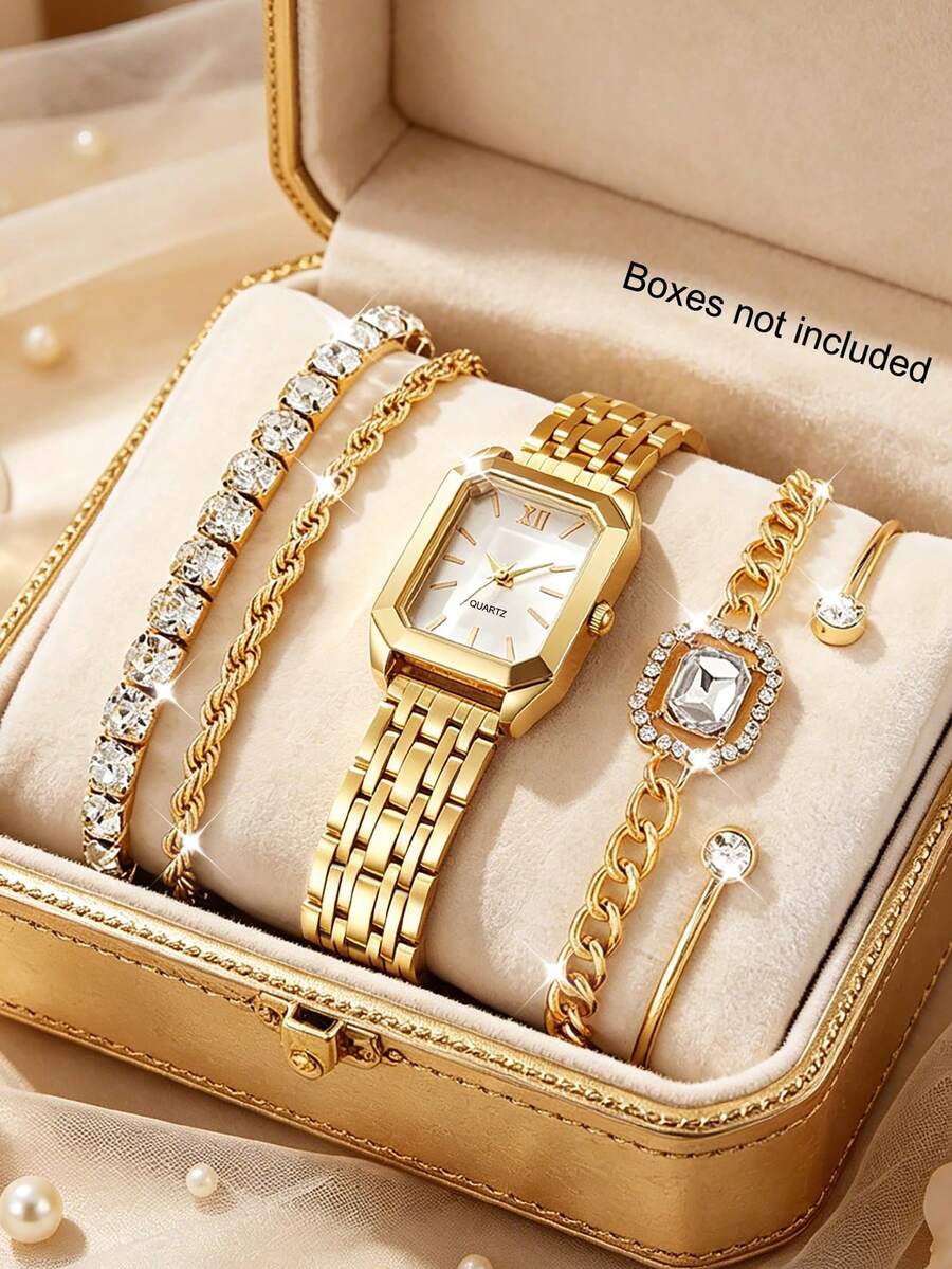 Juego de 5 piezas de pulsera & reloj con strass & circonita, juego de reloj de pulsera para niña, mejor opción de regalo, incluye reloj de cuarzo & pulseras - Dorado - Ver 1