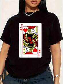Women's Plus Size T-Shirt With Fun Jack Of Hearts Poker Card Design, 1 Piece, Short Sleeve Graphic T-Shirt, Novelty, 100% Cotton, Casual Crew Neck, 220g - 黑色 - 查看 1