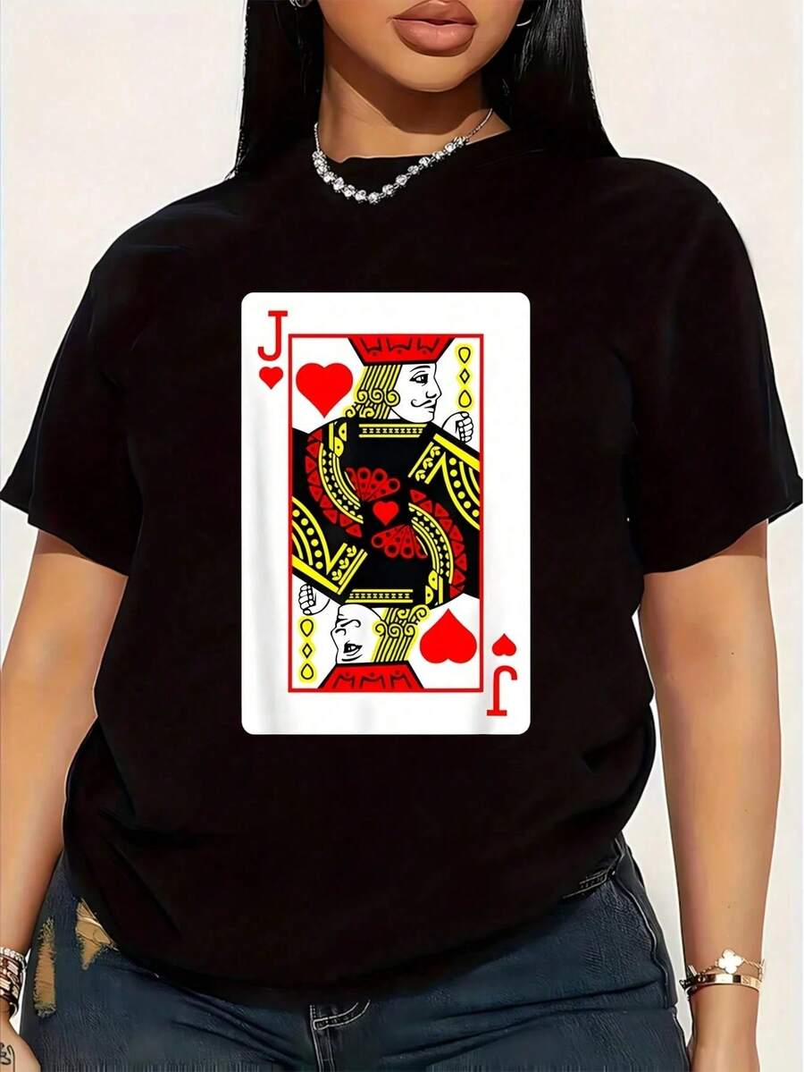 Women's Plus Size T-Shirt With Fun Jack Of Hearts Poker Card Design, 1 Piece, Short Sleeve Graphic T-Shirt, Novelty, 100% Cotton, Casual Crew Neck, 220g - 黑色 - 查看 1