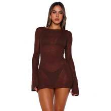 New Solid Color Knit Dress, Sexy Sheer Backless Round Neck Long Sleeve Beach Cover-Up - 黃色 - 查看 5