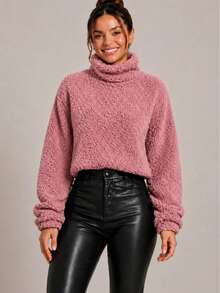 Women's Teddy Turtleneck Blouse With Faux Fur, Plush Teddy Blouse Style, For Daily Winter. - 乾枯玫瑰色 - View 4