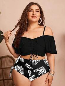 Swim Chiccia Women's Solid Color Spaghetti Strap Off-Shoulder 2-Piece Bikini Set With Ruffles And Drawstring - Elegant And Stylish For Vacation - Multicolor - View 1