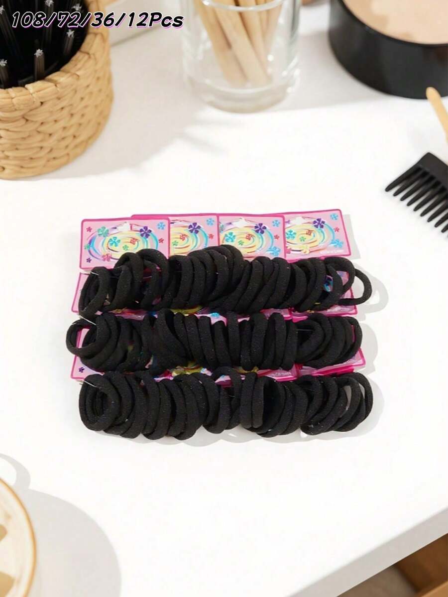 108/72/36/12入黑色高彈力髮圈附掛卡，適合女性與女孩｜無縫加厚髮圈，美妝髮飾配件