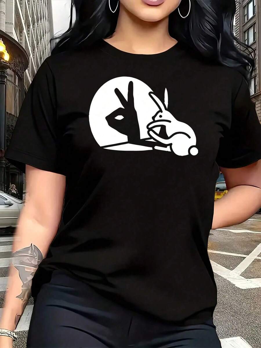 Camiseta Creativa con Estampado Reflectante de Conejo para Mujer, Talla Grande, 1 Pieza, Divertida, de Manga Corta, con Diseño Gráfico, Novedosa, 100% Algodón, Cuello Redondo Casual, 220g - Negro - Ver 1