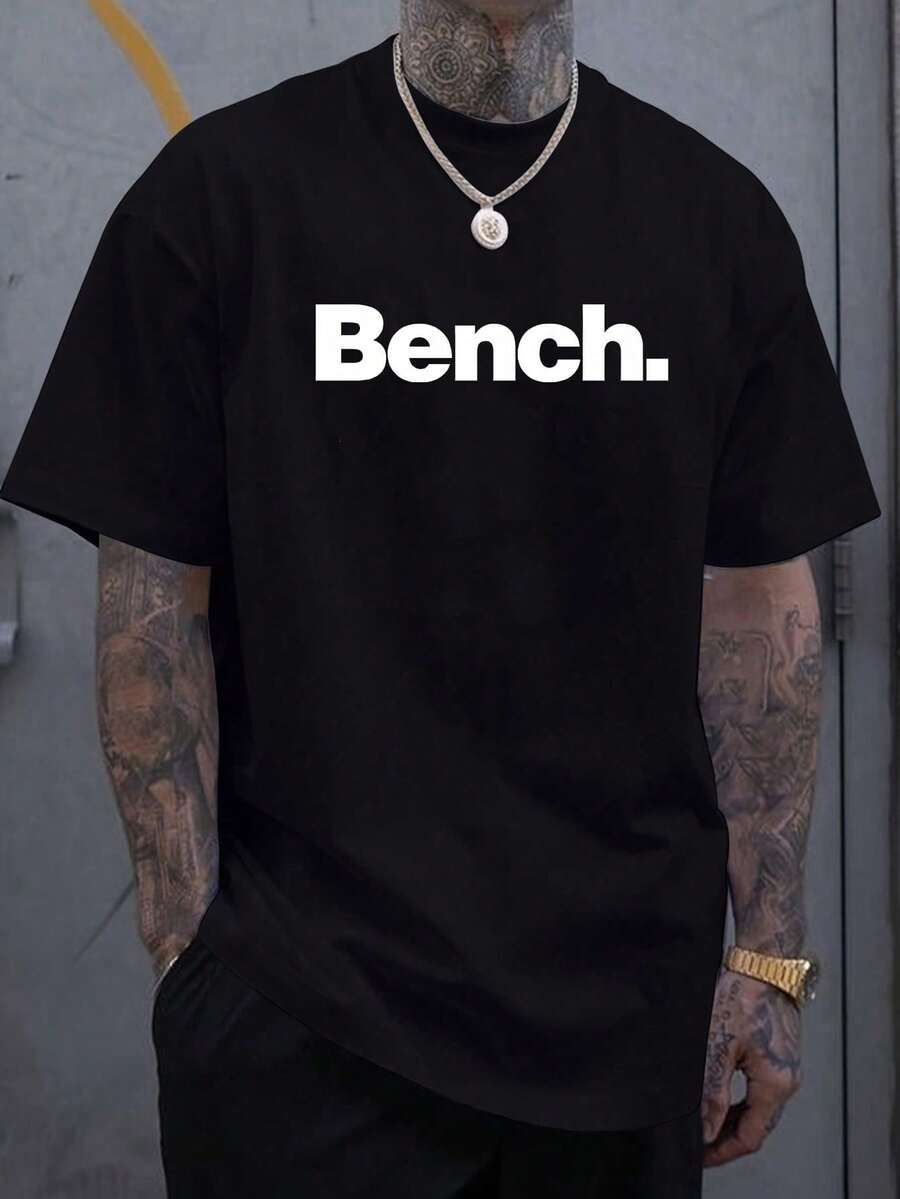 Camiseta de manga corta con cuello redondo y estampado de letras casual para hombre - Negro - Ver 1