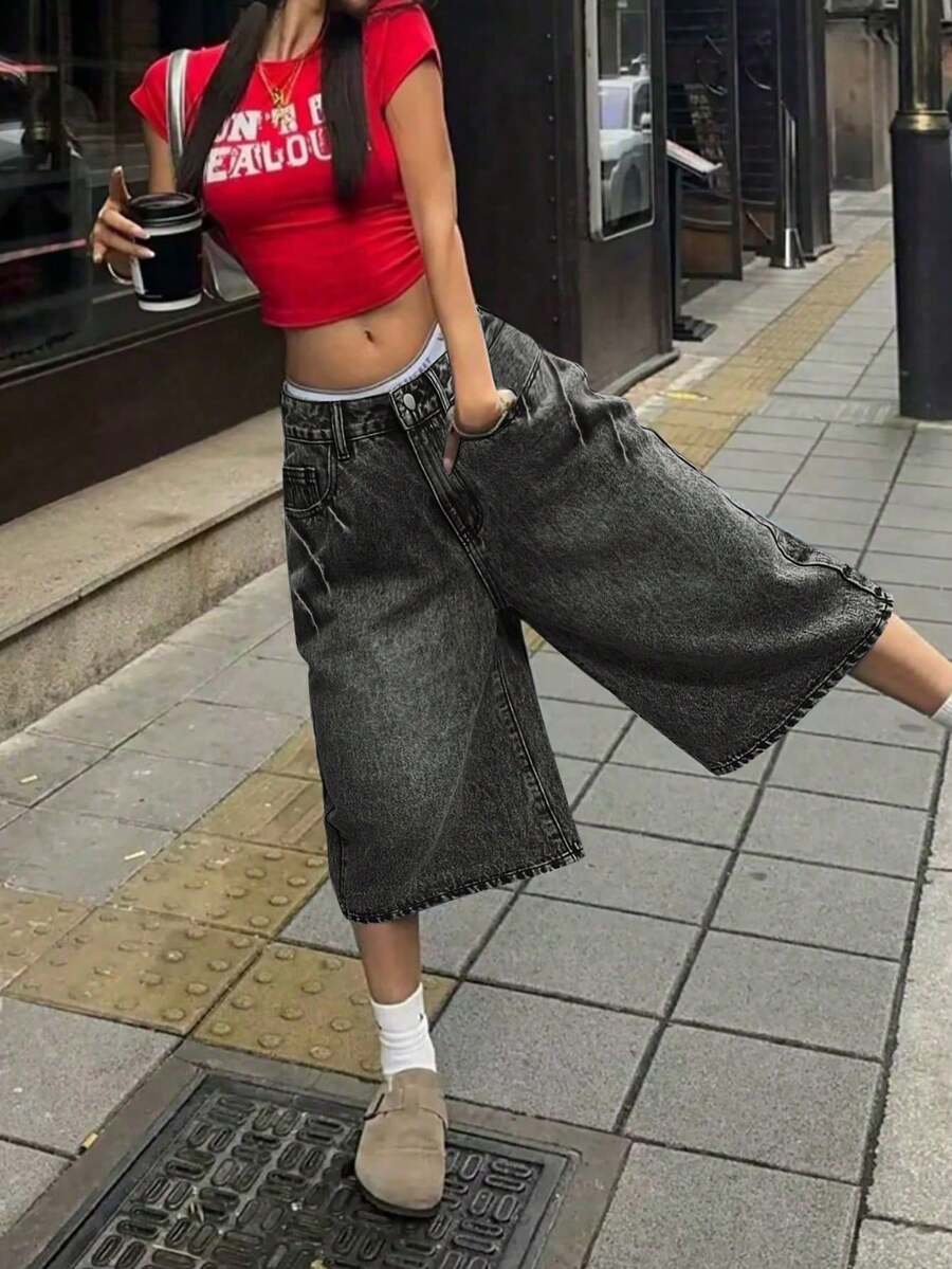Pantalones cortos vaqueros de pierna ancha con bolsillos y efecto lavado con bigotes de gato, estilo vintage Y2K, pantalones capri casuales, para festivales de música Y2K en verano - humo negro - Ver 1