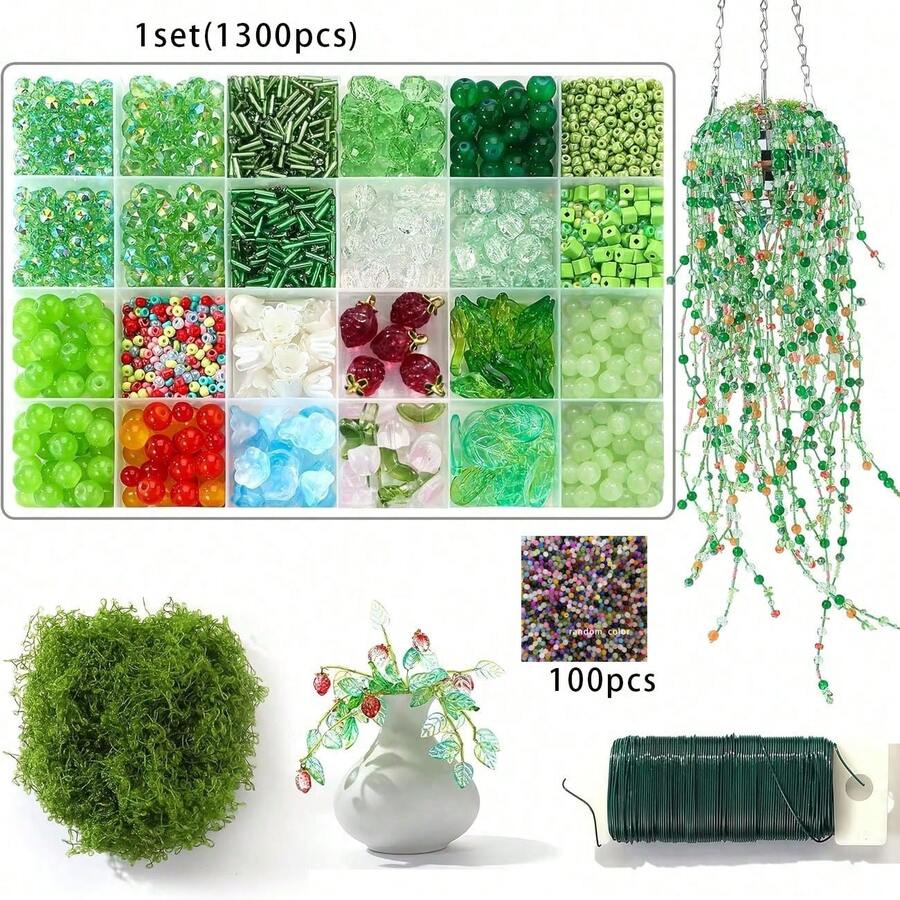 100顆散珠/1300顆綠色系列永生植物珠飾葉花珠手工套組,適用於多肉植物珠飾、串珠項鍊、手工藝、錢包吊飾、手機吊飾、耳環、手鍊、鑰匙圈 - 彩色 - 查看 1