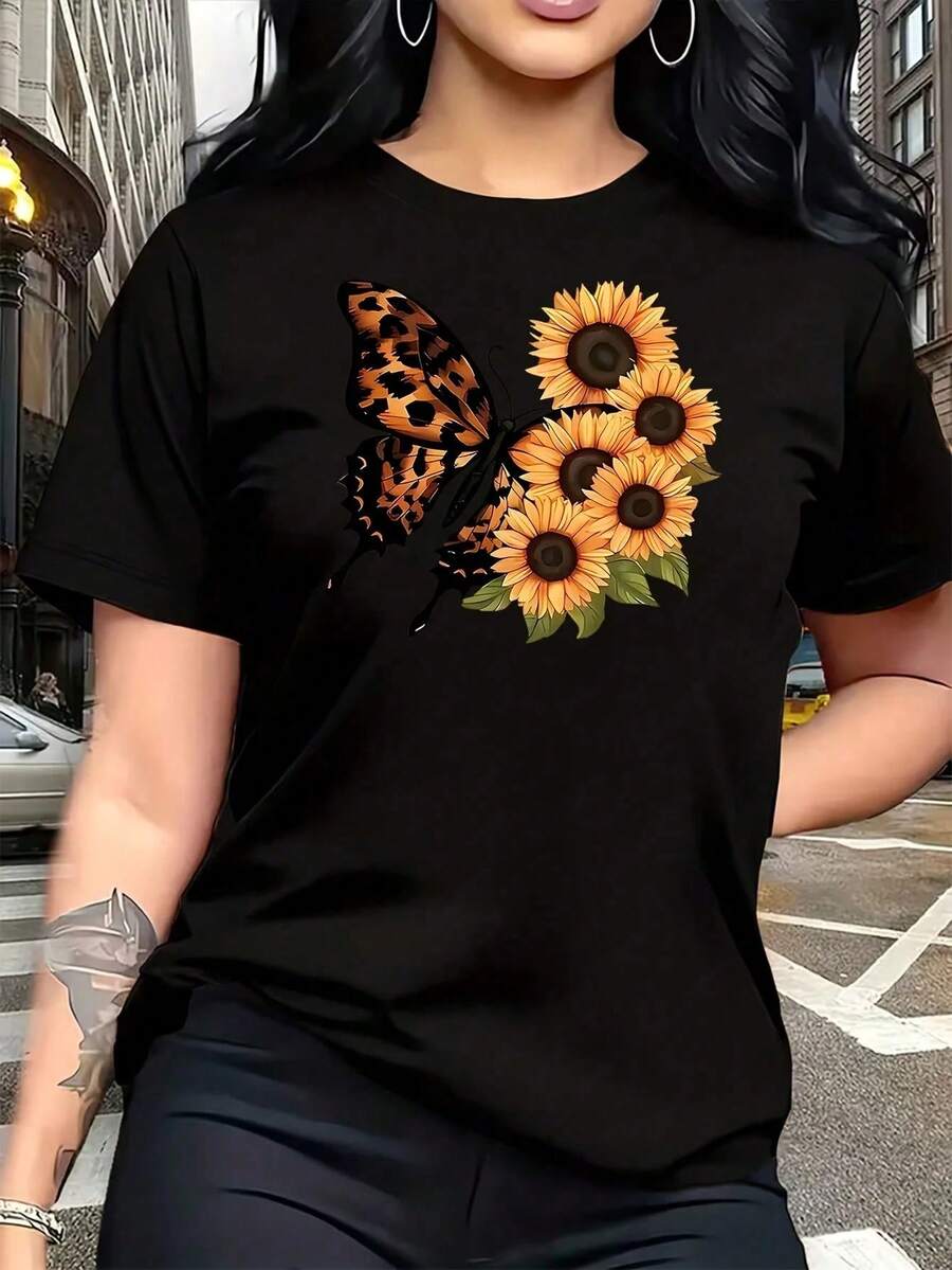 Camiseta de Mujer Talla Grande con Estampado de Girasol y Mariposa en Negro y Amarillo, Divertida, de Manga Corta, 100% Algodón, Cuello Redondo, 220g - Negro - Ver 1
