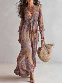 ¡RENUEVA TU ARMARIO YA!Vestido de Primavera Verano para Mujer, Estampado Paisley, con Volantes, Corte Holgado, Estilo Casual y Boho, Más Vendido, Perfecto para Vacaciones, Looks de Día - Negro - Ver 10