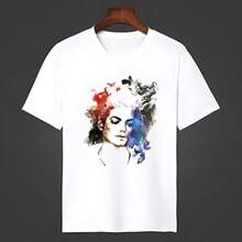 Camiseta unisex de manga corta con estampado de Michaels Jacksons "King" (2026), estilo rap clásico popular, cuello redondo negro y blanco, ropa deportiva, estilo boyfriend casual. - Blanco - Ver 1