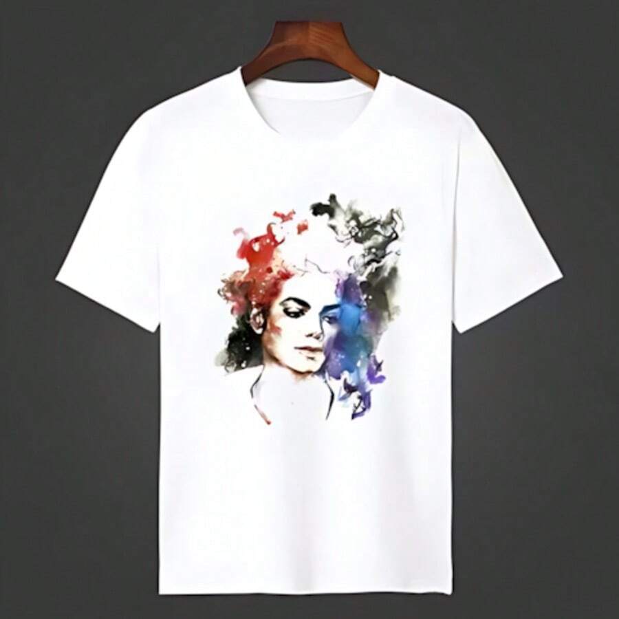 Camiseta unisex de manga corta con estampado de Michaels Jacksons "King" (2026), estilo rap clásico popular, cuello redondo negro y blanco, ropa deportiva, estilo boyfriend casual. - Blanco - Ver 1