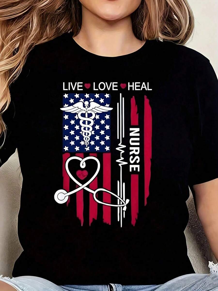 Día Nacional de Enfermeras (2) 1 Camiseta de Talla Grande para Mujer, Estampado Gráfico, Manga Corta, 220g, Novedosa, 100% Poliéster, Cuello Redondo, Estilo Casual - Negro - Ver 1
